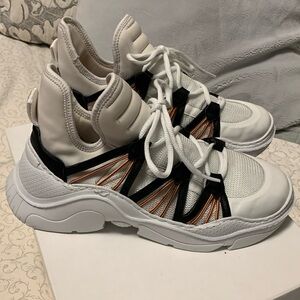 Schutz women’s dad sneakers. Size US 7.5. White with black and pink accents.
